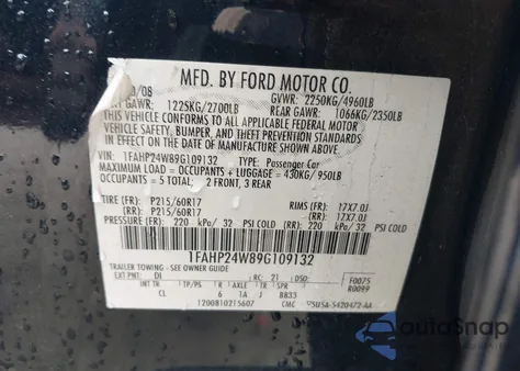 2009 Ford Taurus Sel из США, поврежденный, VIN 1FAHP24W89G109132